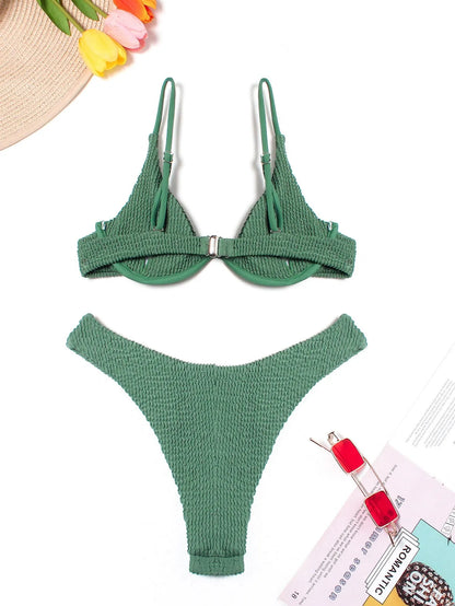 Women's green solid colour ruffle split bikini suit, two-piece polyester swimwear with top and briefs, sizes S M L