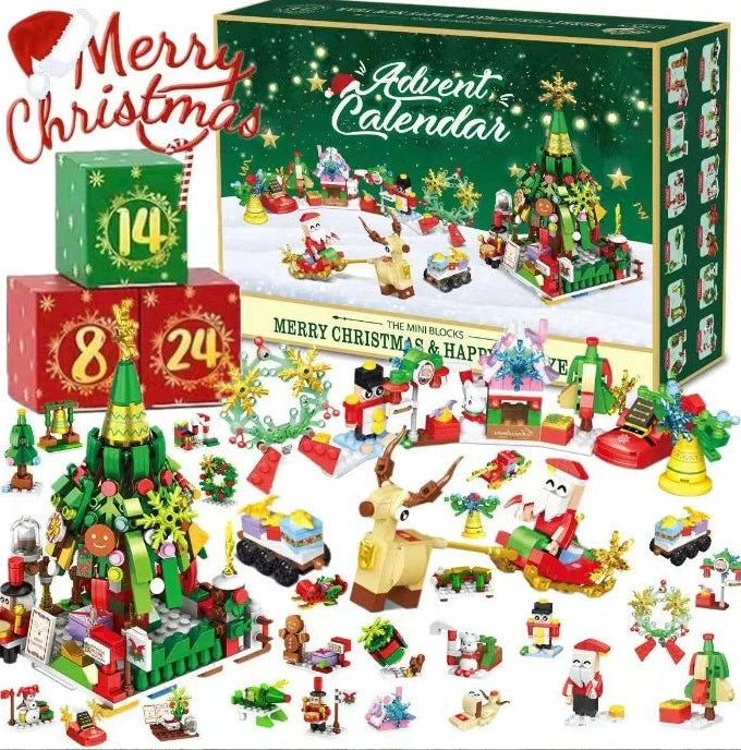 Christmas building block toy set with small particle plastic blocks in colour box packaging measuring 27-31.3cm
