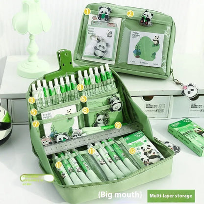 Green canvas pencil case with panda design featuring 12 storage layers for stationery organisation