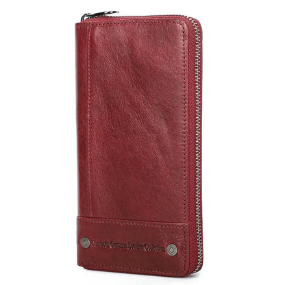 Men's brown genuine cowhide leather long wallet open to show card slots, RFID protection symbol, and zippered coin section.