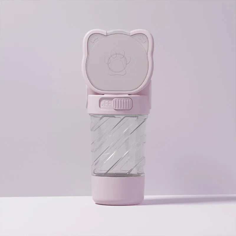 Green 3-in-1 pet water bottle showing water dispenser, food container, and waste bag compartment