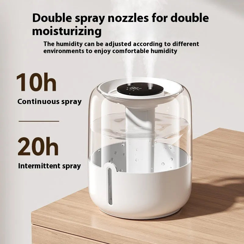 Beige round humidifier with dual spray nozzles, humidity display, and USB power connection