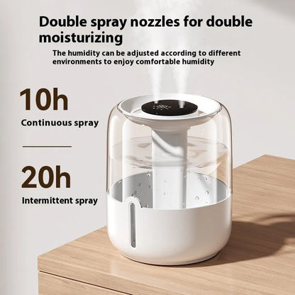 Beige round humidifier with dual spray nozzles, humidity display, and USB power connection