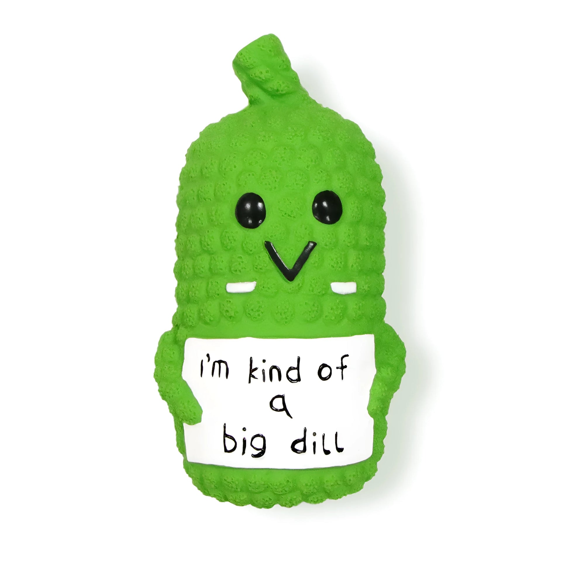 Green latex pickle-shaped squeaky dog chew toy for teething puppies and mild chewers.