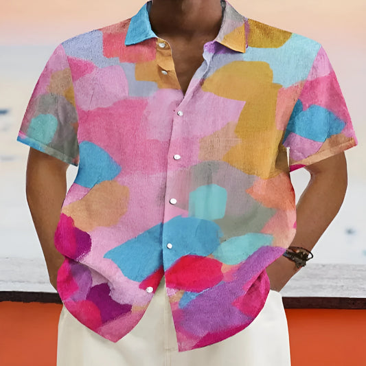Hawaiian style men's cardigan with stand collar, short sleeves, and 3D printing design in polyester fabric