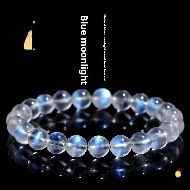 Natural cream body blue moonlight crystal bracelet with grinding texture, unisex design, sizes 4mm to 10mm