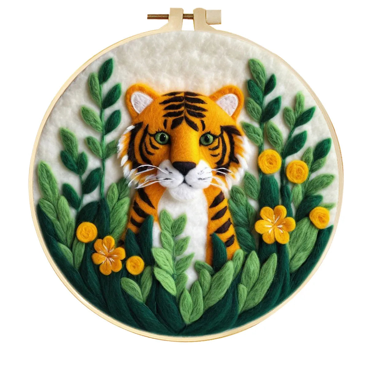 Round fabric embroidery kit with 20x20cm linen frame and wool felt for three-dimensional floral artwork