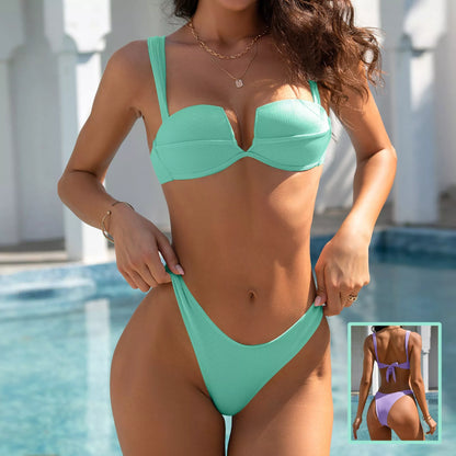 Women's U-shaped bikini set in light green and purple, perfect for summer beach wear