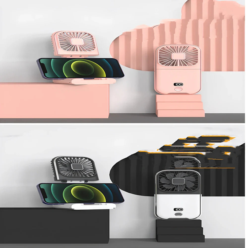 F30Pro folding portable handheld fan in white with digital display, 169x81x20mm size, USB charging, plastic blades for cooling