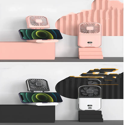 F30Pro folding portable handheld fan in white with digital display, 169x81x20mm size, USB charging, plastic blades for cooling