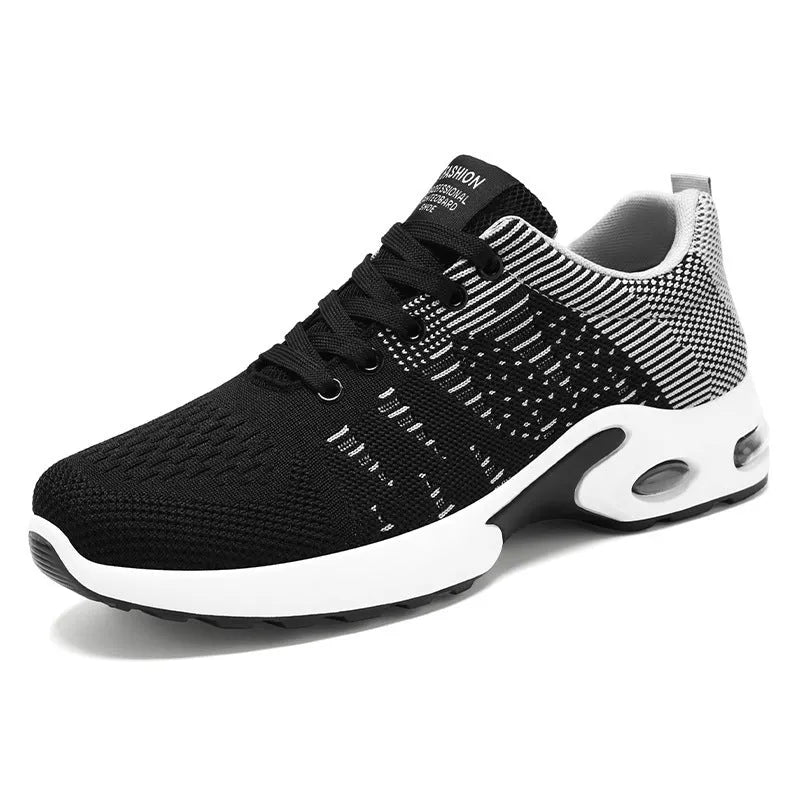 Men's Flyknit mesh casual sneakers in black and blue colour with round toe and lace-up front