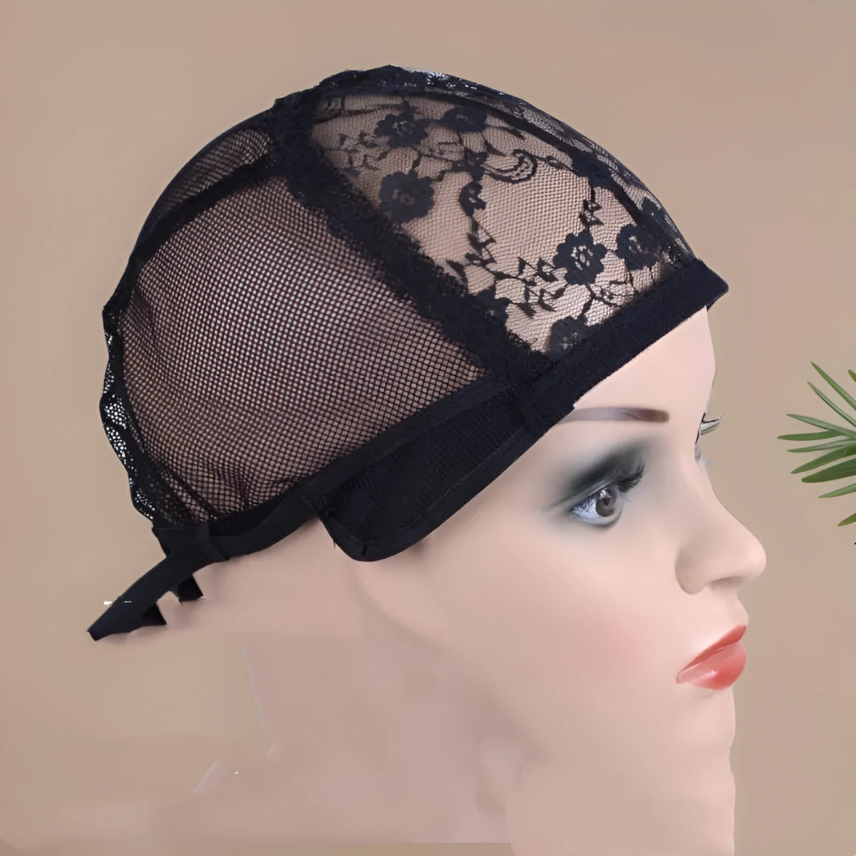 Black nylon mesh wig cap with flat top crown, high elastic breathable hairnet, size M 56-58cm