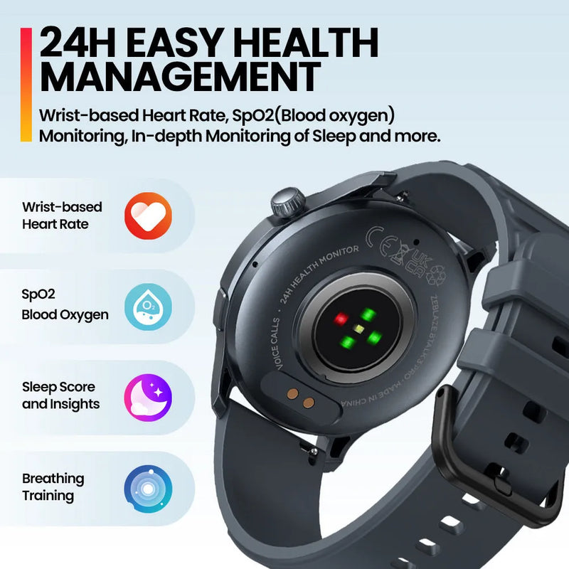 Smart watch for adults with Bluetooth calling, AMOLED display screen, heart rate and blood oxygen monitoring, 45.2mm case size available in blue, grey, and pink with a 260mAh battery capacity and touch button operation.