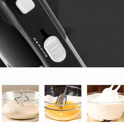 Black handheld electric whisk with stainless steel beaters, 26cm length, five-speed control buttons