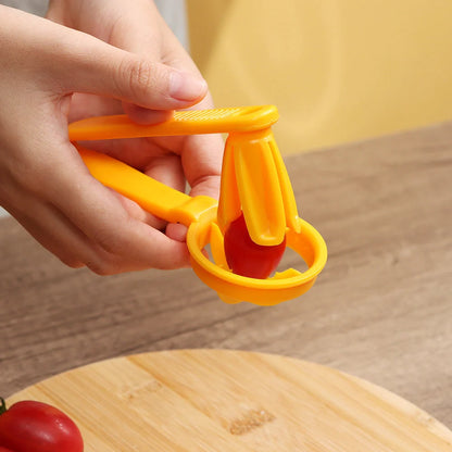 Manual tomato slicer with serrated knife for even dicing, compact design