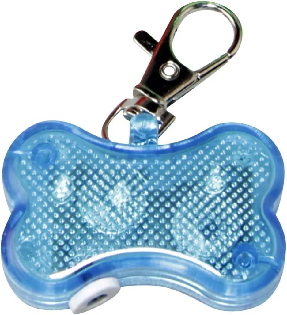 Blue LED bone-shaped pet pendant attached to a collar, showing dimensions of 4cm by 3cm