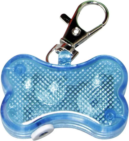 Blue LED bone-shaped pet pendant attached to a collar, showing dimensions of 4cm by 3cm