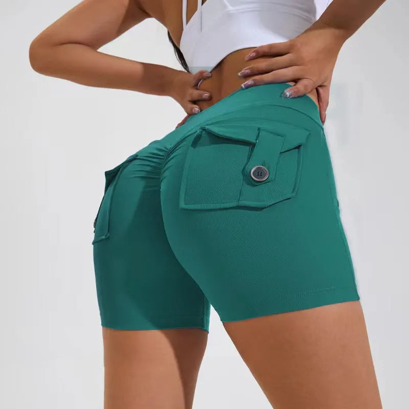 Women's high-waist fitness shorts with pockets in quick-dry nylon fabric