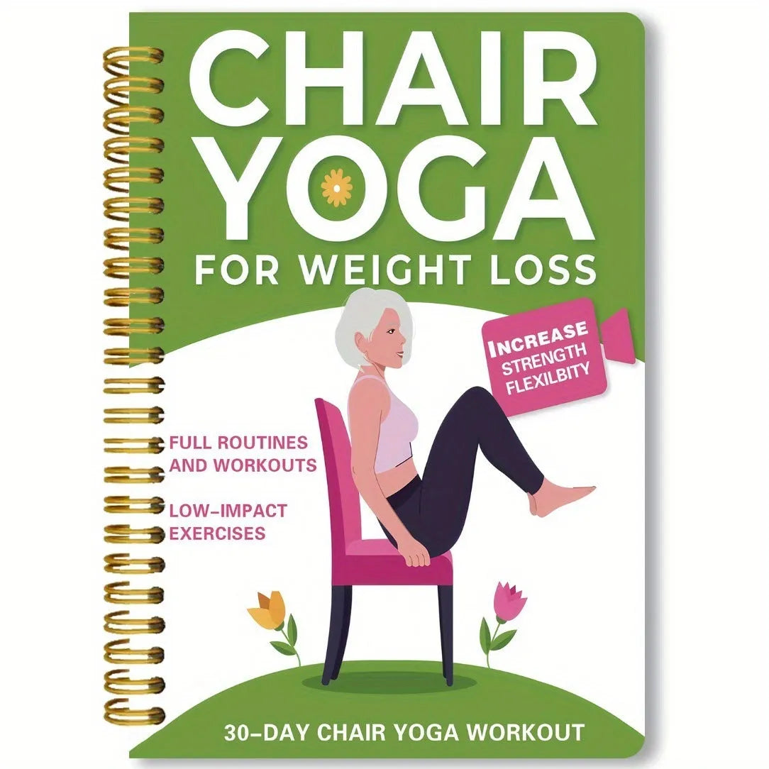 Green coil-bound 30 day chair yoga training notebook open to daily plan pages