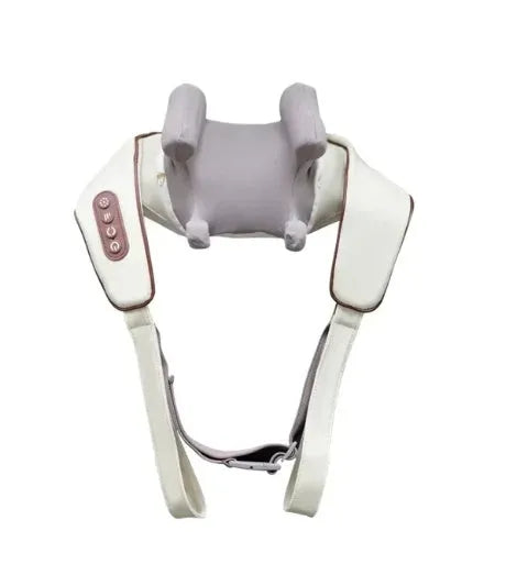 Creamy white rechargeable shoulder and neck massager with kneading rollers.