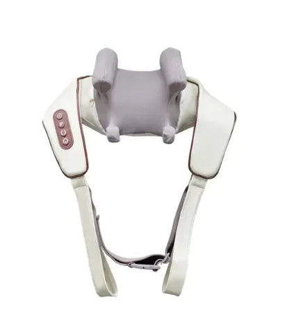 Creamy white rechargeable shoulder and neck massager with kneading rollers.
