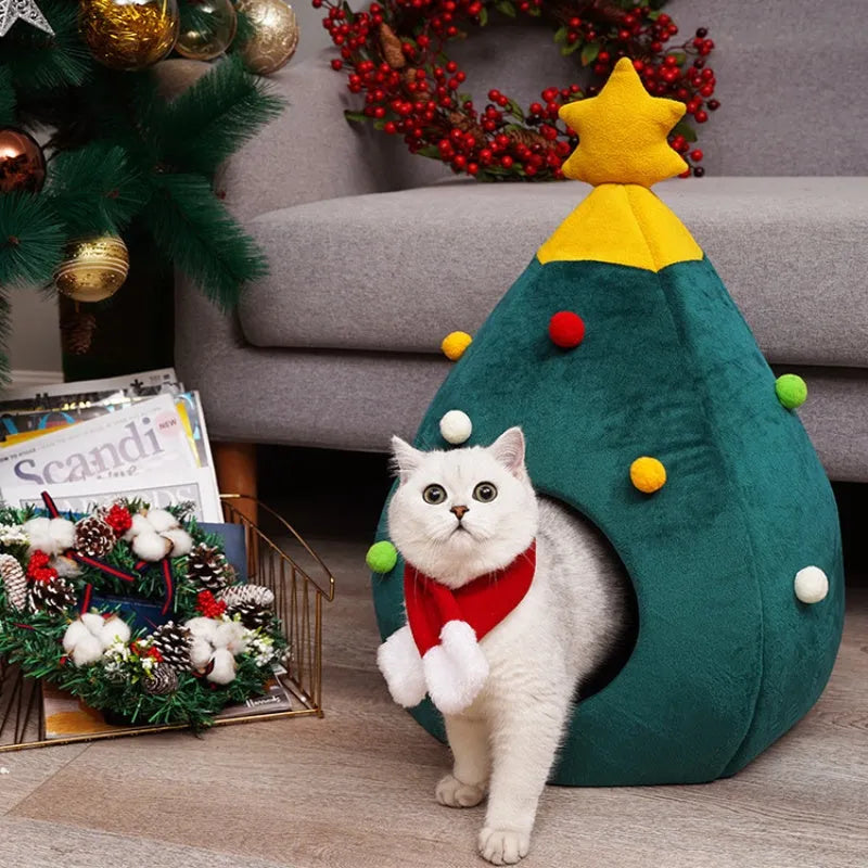 Christmas tree-shaped plush pet cave bed with detachable cover in three sizes for cats and small dogs