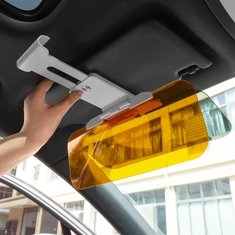 Car anti-glare sun visor with acrylic lens shown in telescopic stretched position