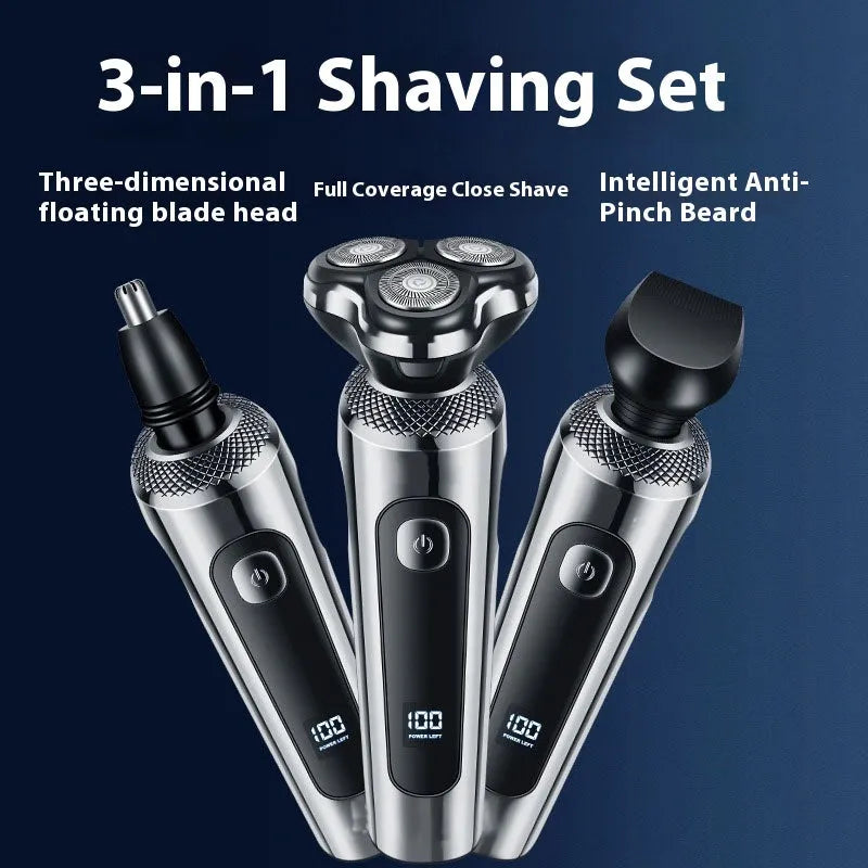 USB rechargeable beard trimmer with digital display and floating cutter head on five-in-one base bracket