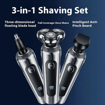 USB rechargeable beard trimmer with digital display and floating cutter head on five-in-one base bracket