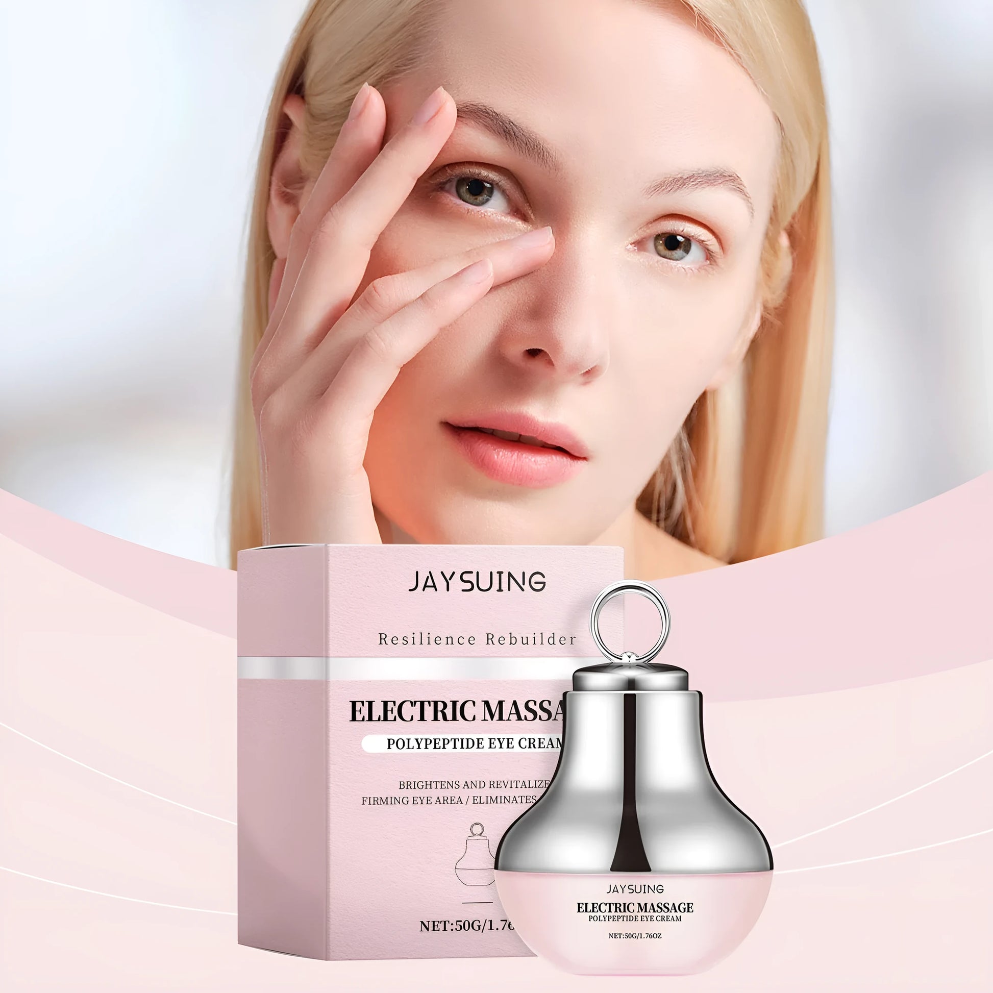 Jar of electric firming eye cream with massage device, 50g, 7.7x11cm.