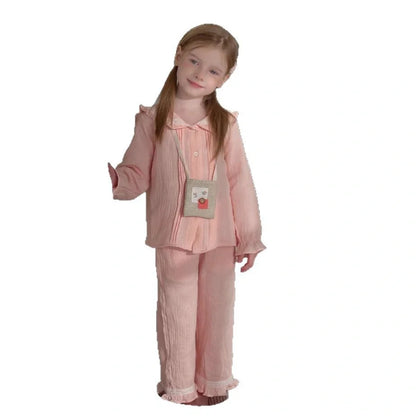 Girls' long sleeve two-piece home wear set in cotton gauze fabric with solid colour design