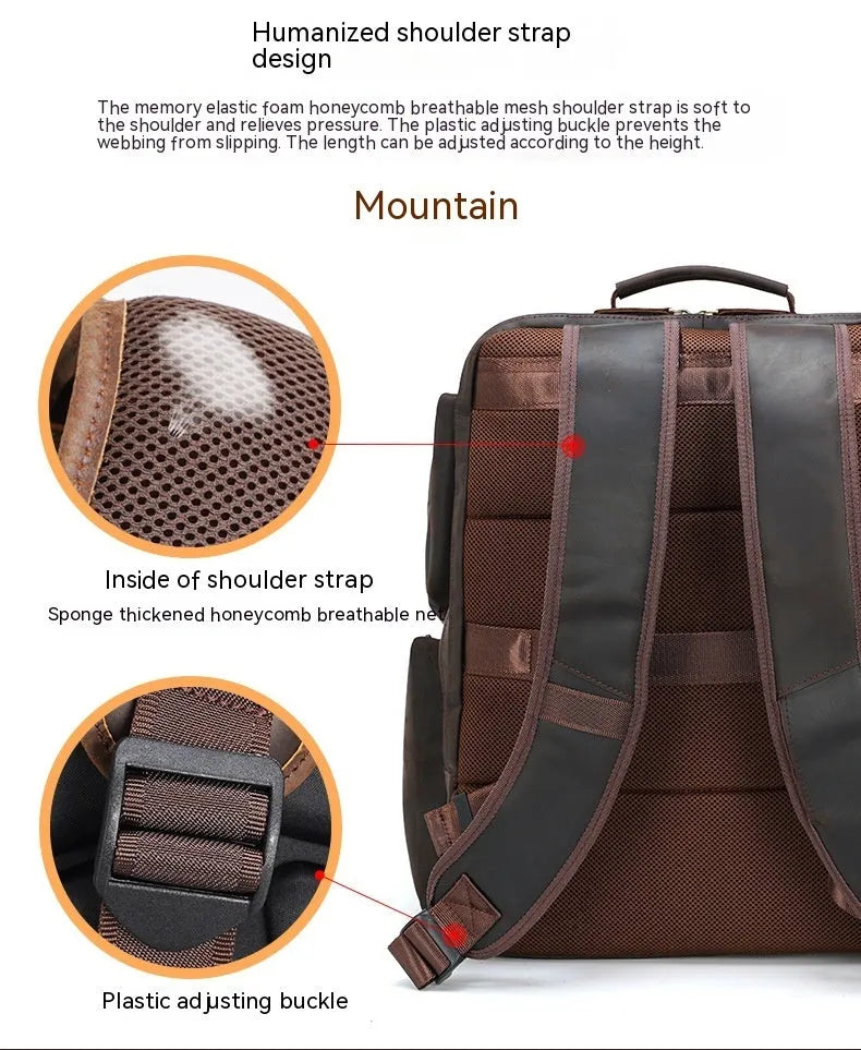 Dark brown leather backpack with embossed texture, double shoulder straps, and multiple zippered compartments for 17-inch laptops