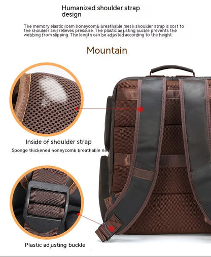 Dark brown leather backpack with embossed texture, double shoulder straps, and multiple zippered compartments for 17-inch laptops