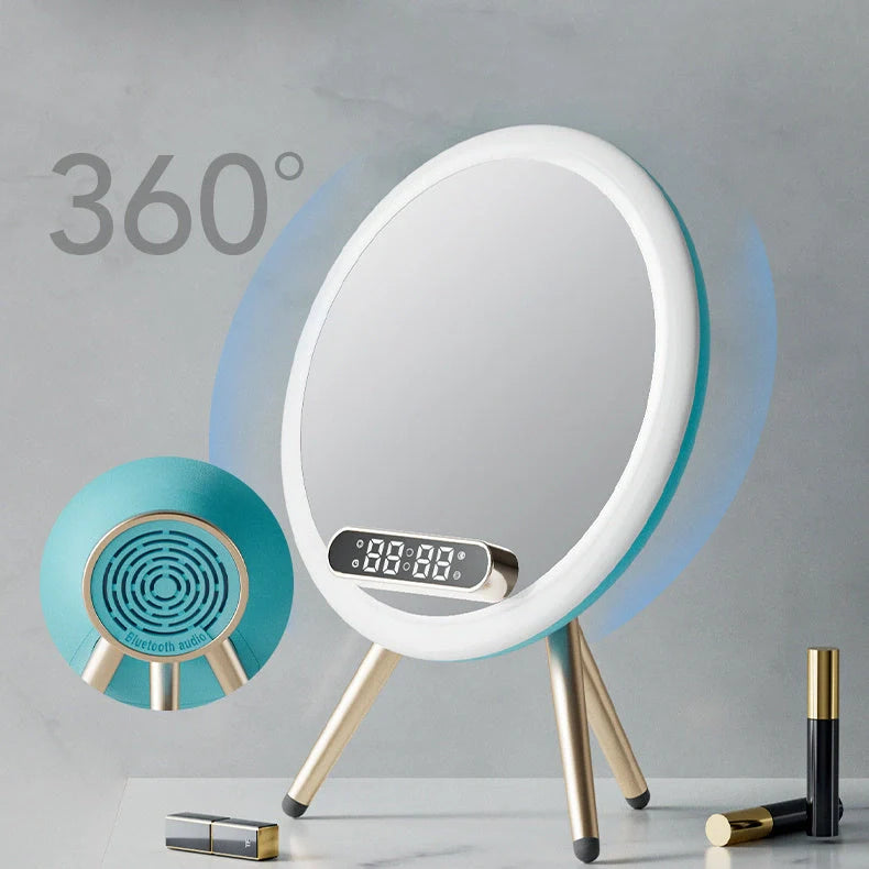 Multi-function LED mirror alarm clock with wireless charging and Bluetooth speaker in blue and white