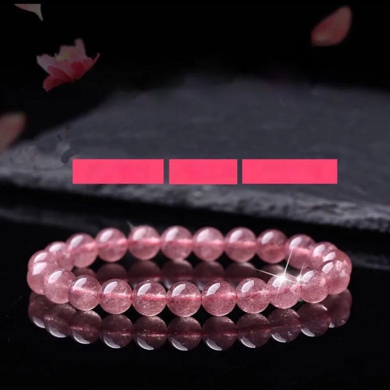 Strawberry quartz bracelet for women crafted from genuine crystal beads, available in three distinct sizes for adjustable styling: 6mm, 8mm, and 10mm diameters with polished finishing for a natural lustre