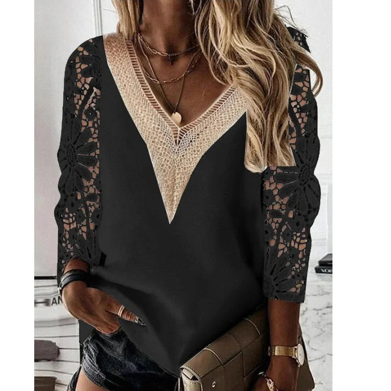 Black lace commuter shirt with nine-quarter sleeves and V-neck stitching on hanger