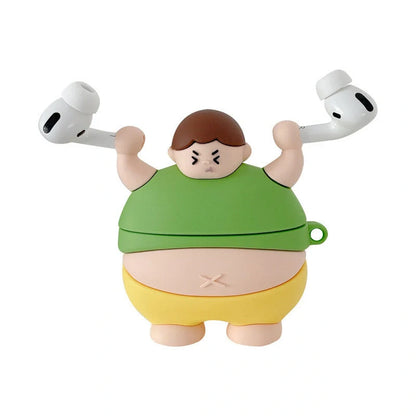 3D Cute Little Fat Man Lifting Weights Silicone Case for AirPods Pro in green and blue