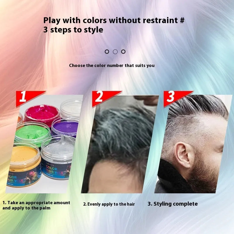 120g hair styling clay pot in one of nine colours: White, Orange, Red, Yellow, Blue, Green, Purple, Rose Red, or Granny Grey