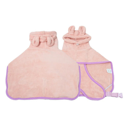 Adjustable quick-dry dog bathrobe in coral fleece, available in pink, violet, light green, and pumpkin style