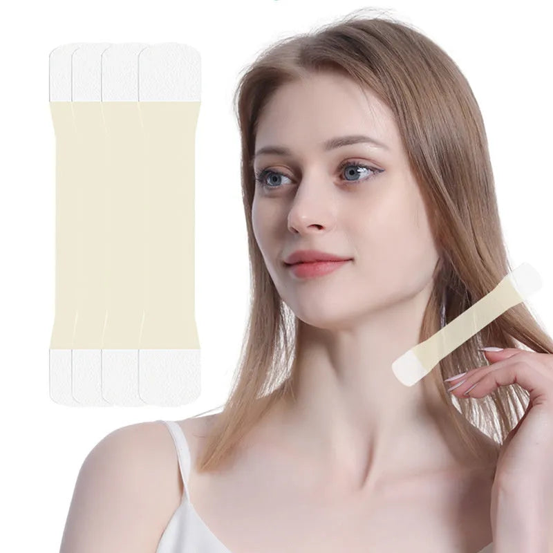 Skin tone neck firming adhesive tape with four straps and twenty patches in packaging