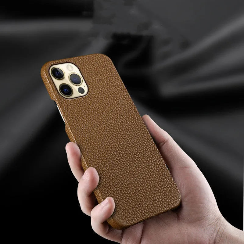 Genuine Leather Protective Mobile Phone Case for Apple iPhone models, Shatterproof Anti-Drop Design, Half-Line Break Style Available in Brown, Beige, Pink, Orange, Black, Blue, Red, Grey, and Green Colours
