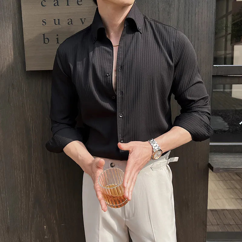 Men's dark stripes V-neck long sleeve cardigan shirt in regular fit for spring and autumn leisure wear