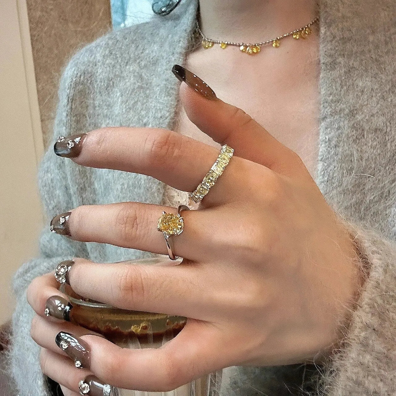 Yellow rock sugar crystal fashion ring for women in copper, showing Seiko-treated finish.
