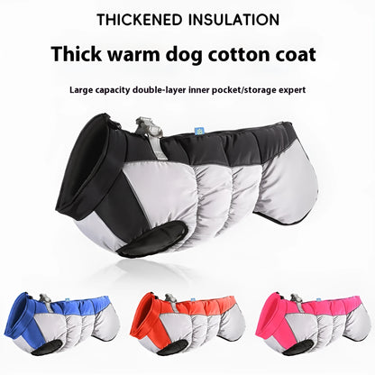 A large dog wearing a black waterproof winter coat with reflective strips, showing sizes XL to 6XL available.