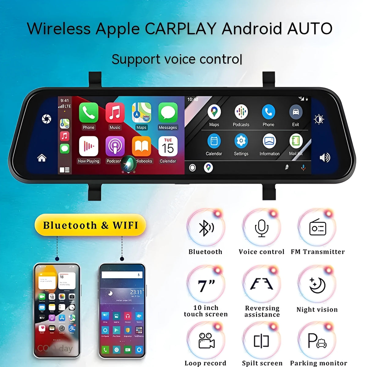 Black 9-inch universal touch screen car GPS navigation system with dual camera wireless connectivity