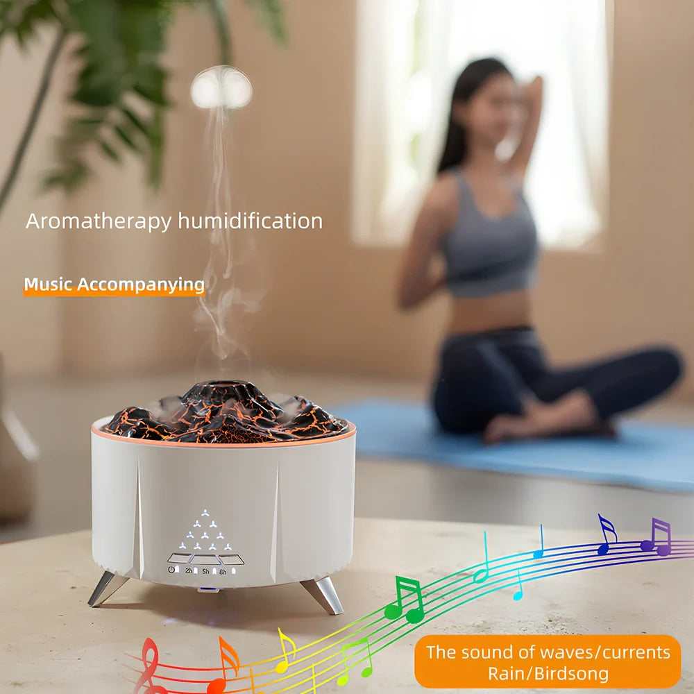 White flame aroma diffuser with Bluetooth speaker, 350ml tank, and adjustable mist output