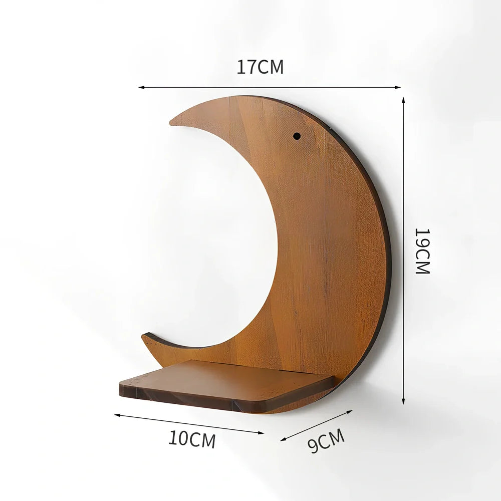 Solid wood wall shelving with irregular shape displaying plants in water bottle reservoirs with retro castle design