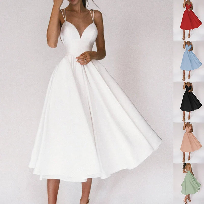 Women's V-neck suspender A-line summer dress in various colors