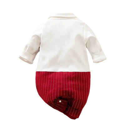 Wine red cotton baby boy's romper with long sleeves and single-breasted closure.