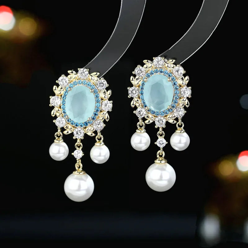 Oval geometric earrings with zircon inlay and pearl tassel in light purple colour option